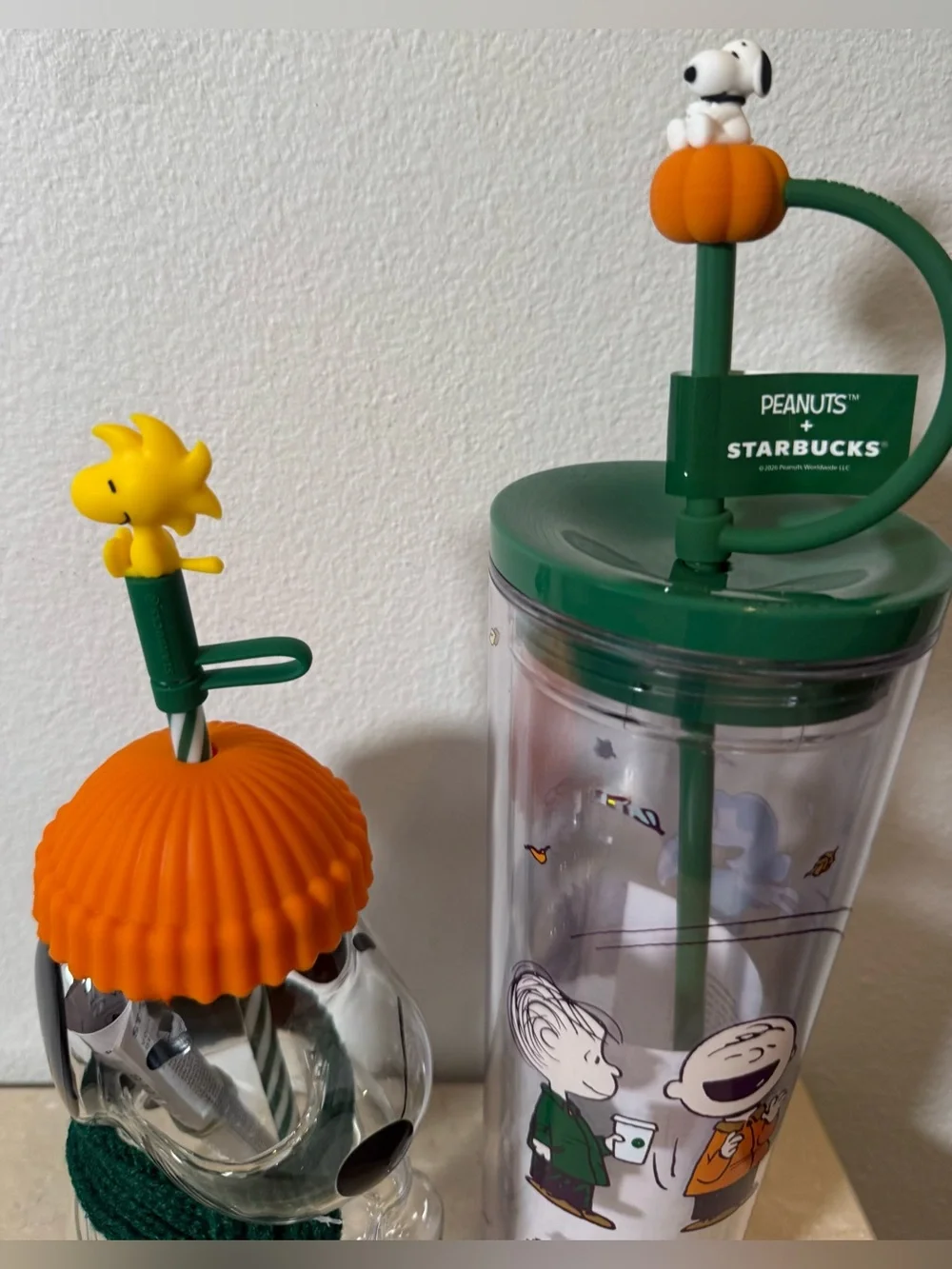 2 Peanuts Starbucks tumblers. Glass Snoopy Cold Cup & Great Pumpkin cold cup